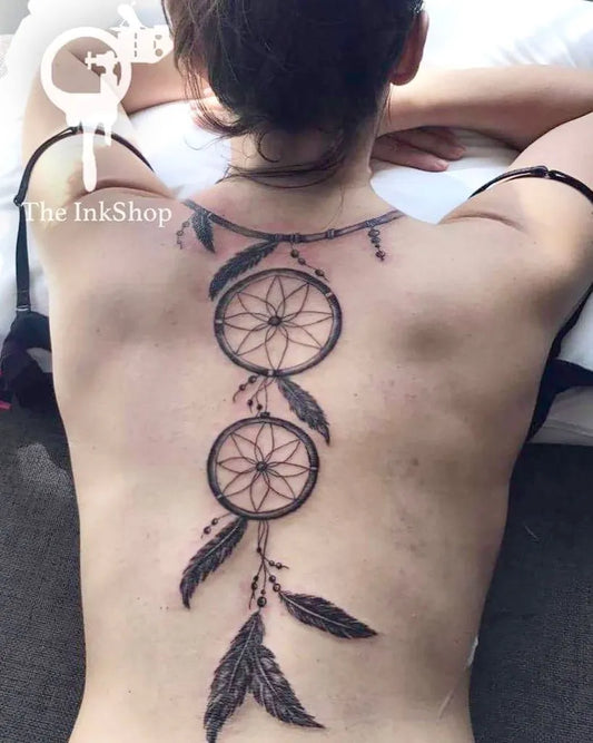 Big Black and Grey Dream Catcher Tattoo on Women Back by @theinkshop_ltd