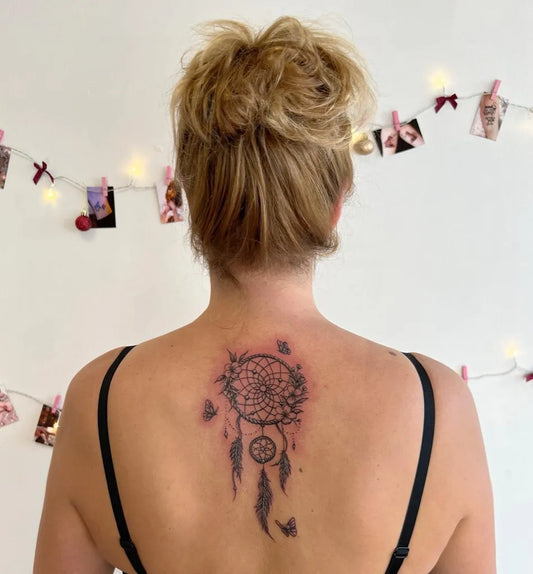 Big Black and Grey Dream Catcher with Butterflies Tattoo on Women Back by @kelsi_tattoo