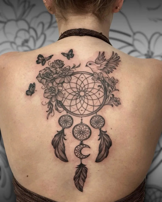 Big Black and Grey Dream Catcher with Flowers and Birds Tattoo on Women Back by @inkedwolfie