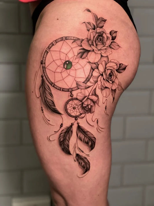 Big Black and Grey Dream Catcher with Roses and Feathers Tattoo on Women Thigh by @lenkainkart