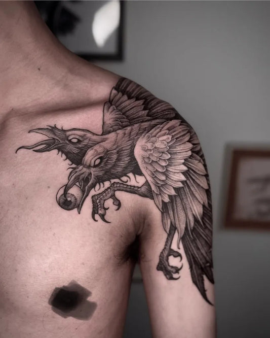 Big Black and Grey Dual Ravens with Eye on Men Shoulder Tattoo by @mxrt________