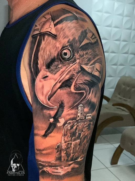 Big Black and Grey Eagle Cliffside Tattoo on Men Arm by @fabiosilva_tattoostudio
