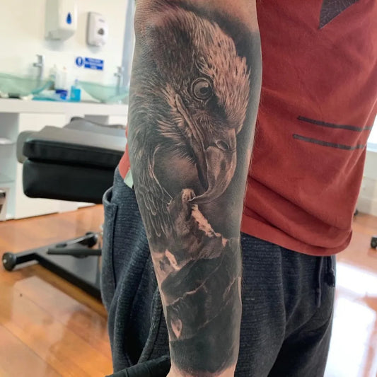 Big Black and Grey Eagle Head Men Arm by @kiyoharu_tattooer