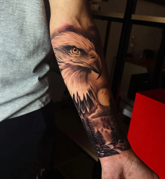 Big Black and Grey Eagle Mountains Moon Tattoo on Men Arm by @brunolopes.tattoo