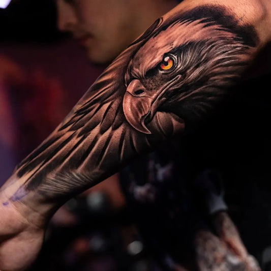 Big Black and Grey Eagle Tattoo on Men Arm by @andyy_ink