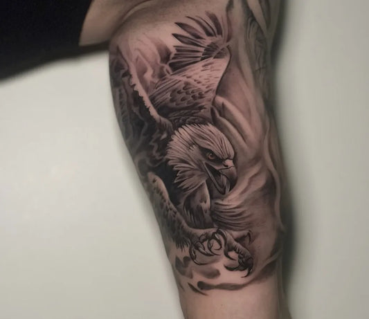Big Black and Grey Eagle Tattoo on Men Arm by @fatih3rdal