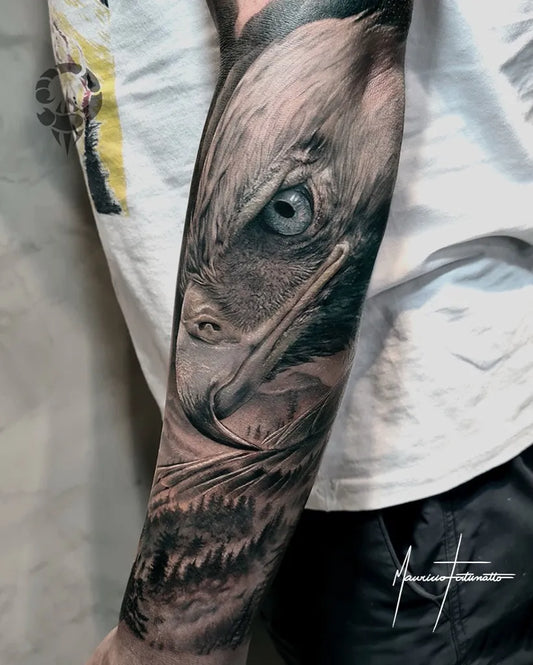 Big Black and Grey Eagle Tattoo on Men Arm by @fortunattostattoo