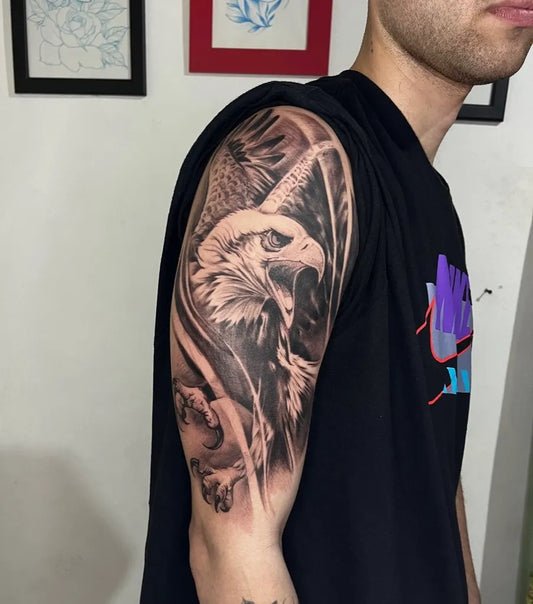 Big Black and Grey Eagle Tattoo on Men Arm by @matiasnatalinitattoo