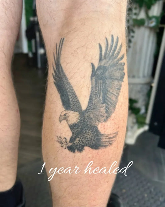 Big Black and Grey Eagle Tattoo on Men Leg by @wolfesstattoos