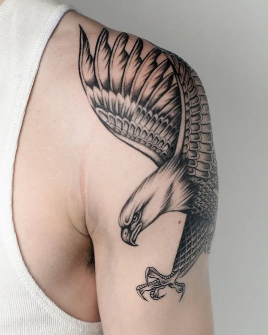 Big Black and Grey Eagle Tattoo on Men Shoulder by @julzktattoo