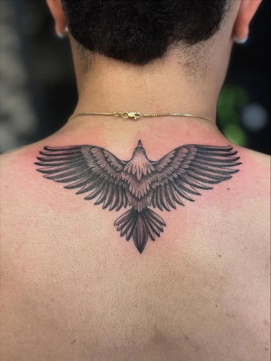 Big Black and Grey Eagle Tattoo on Women Back by @janmoravec_art