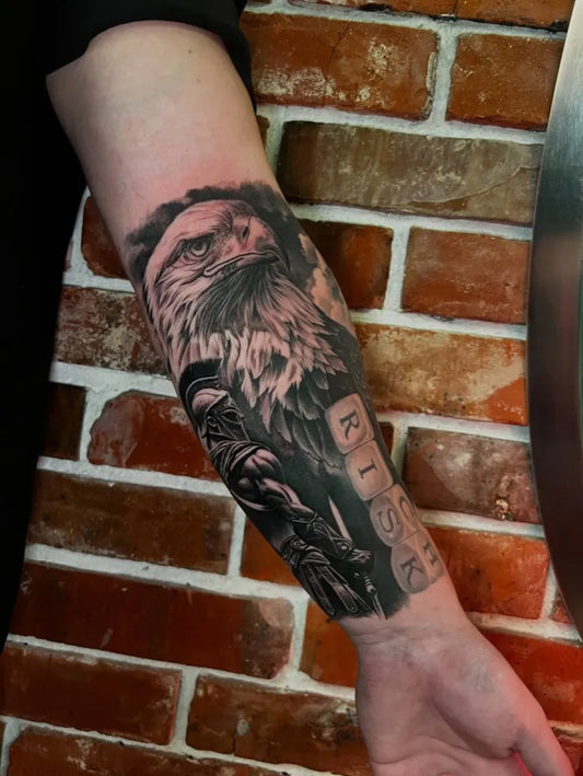 Big Black and Grey Eagle Warrior with RIS Tattoo on Men Arm by @dimo_boychev_art