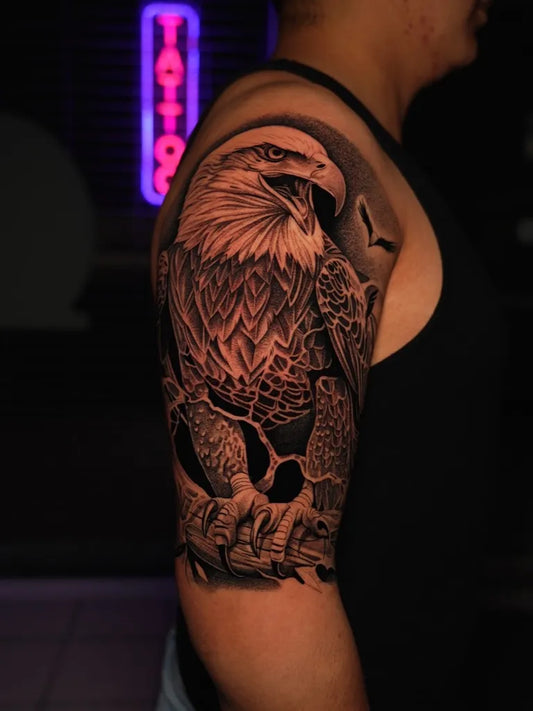 Big Black and Grey Eagle and Birds Tattoo on Men Arm by @eloy_serapio