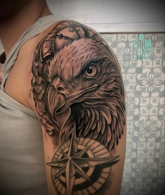 Big Black and Grey Eagle and Compass Tattoo on Men Shoulder by @punto_flaco