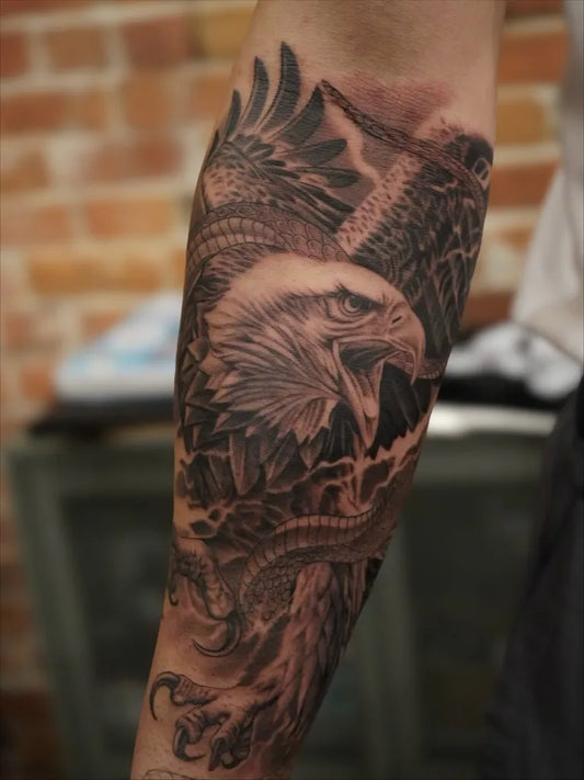 Big Black and Grey Eagle and Dragon Tattoo on Men Arm by @alexey.ink_