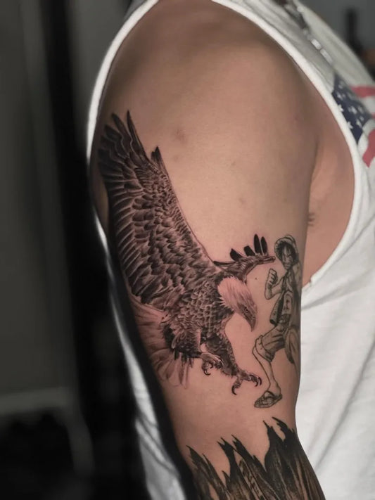 Big Black and Grey Eagle and Luffy Tattoo on Men Arm by @suwonink
