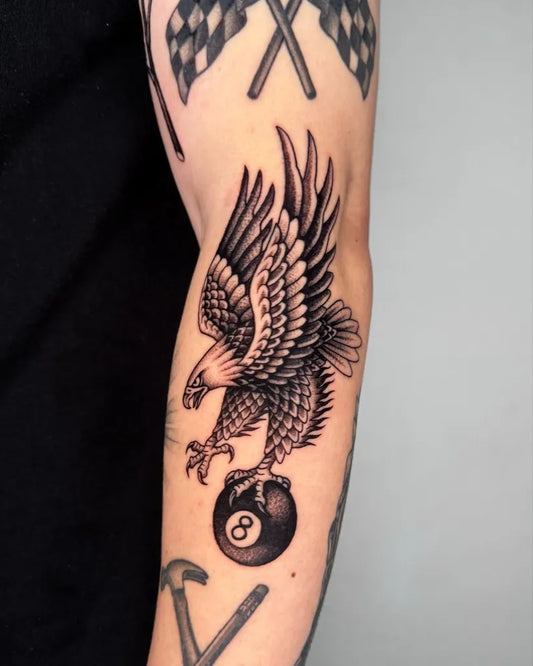 Big Black and Grey Eagle with 8 Ball and Hammers Tattoo on Men Arm by @jae_tatt
