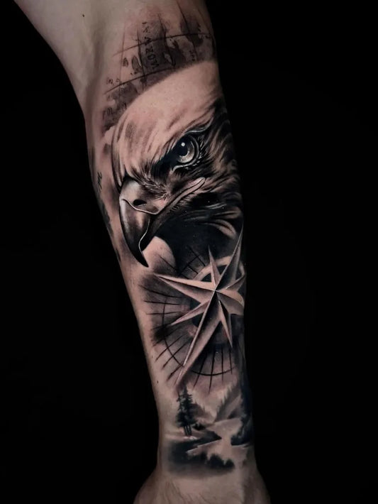 Big Black and Grey Eagle with Compass and Landscape Tattoo on Men Arm by @tattooregikat