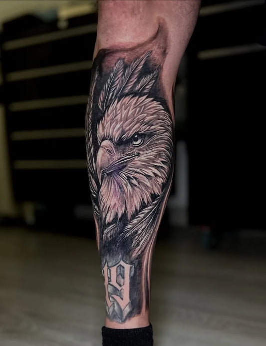 Big Black and Grey Eagle with Feathers Tattoo on Men Leg by @tonywktattoo