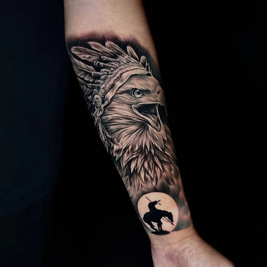 Big Black and Grey Eagle with Silhouette Tattoo on Men Arm by @drew_tattoos.087