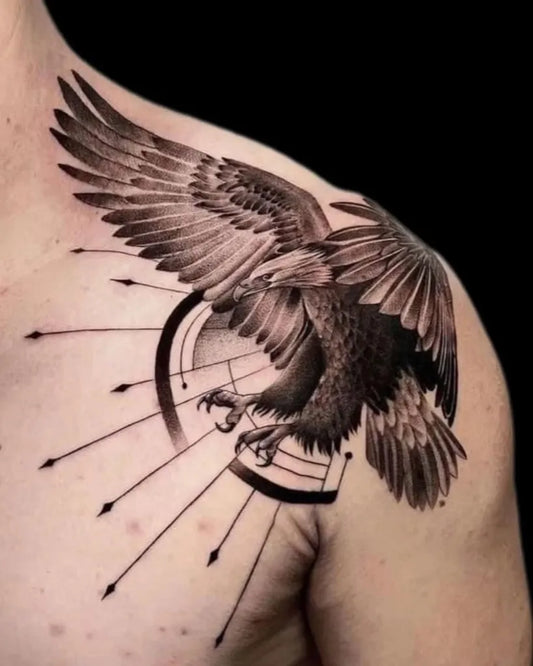 Big Black and Grey Eagle with Sunburst Tattoo on Men Shoulder by @the_creative__tattoo_siliguri