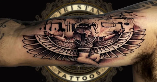 Big Black and Grey Egyptian Winged Goddess Tattoo on Men Bicep by @tristantat2