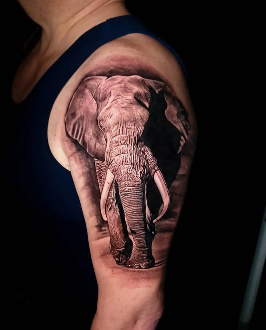 Big Black and Grey Elephant Animal Tattoo on Men Arm by @herzblut_tattoo_brig