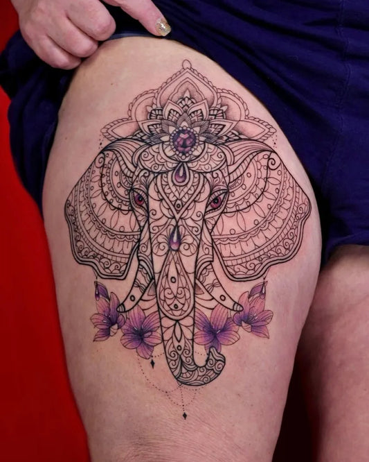 Big Black and Grey Elephant Mandala Tattoo on Women Thigh by @dragoncityink.danang