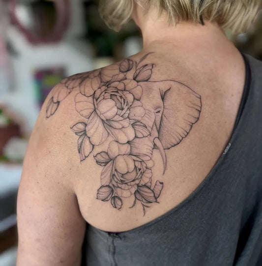 Big Black and Grey Elephant and Peony Women Shoulder by @finelinebaddie