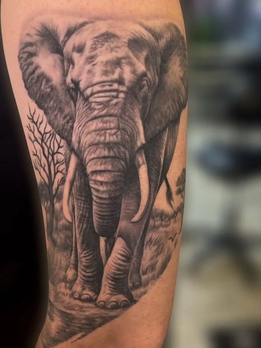 Big Black and Grey Elephant with Tree Tattoo on Men Arm by @goonsandqueens_enschede