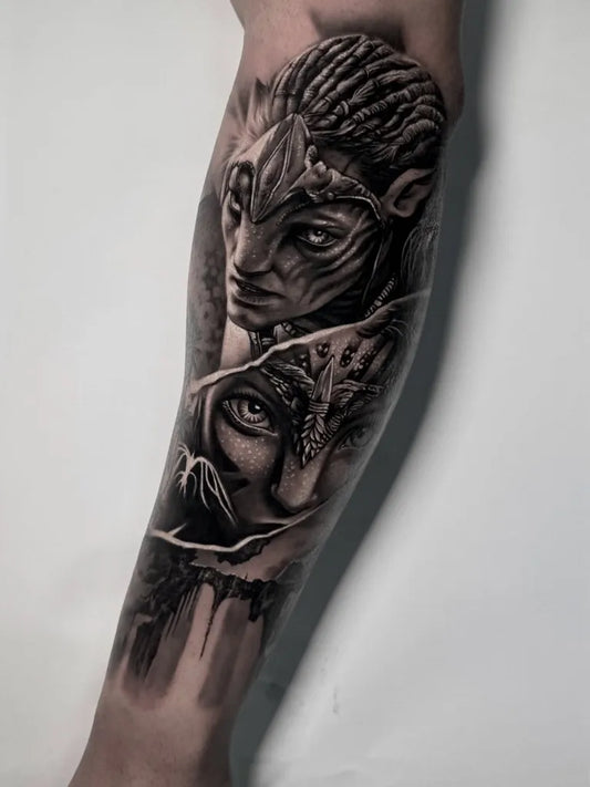 Big Black and Grey Elven Portrait with Tribal Elements Tattoo on Men Arm by @emiliofernandeztattoo