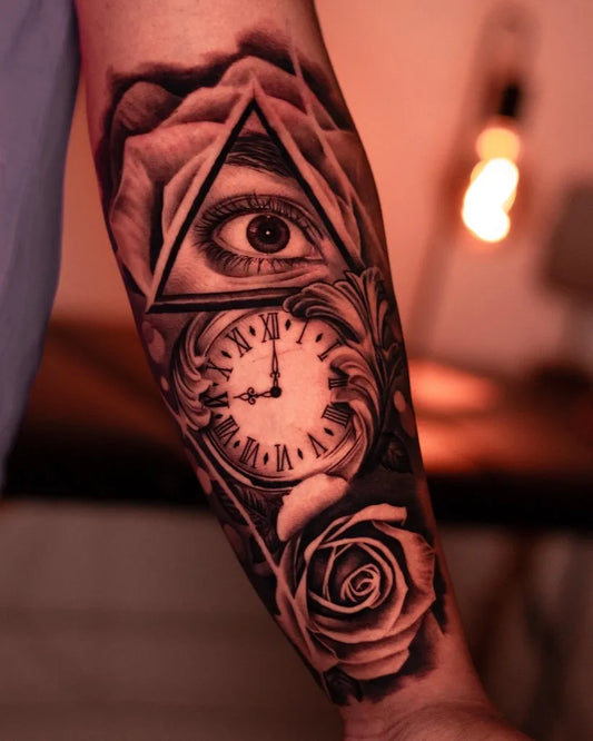 Big Black and Grey Eye Clock Roses Tattoo on Men Arm by @sorrymomtattooss