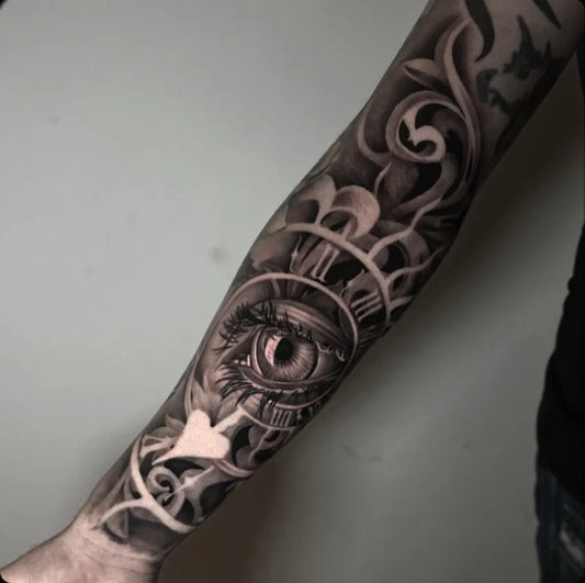 Big Black and Grey Eye Clock Tattoo on Men Arm by @crazybodyarttattoo