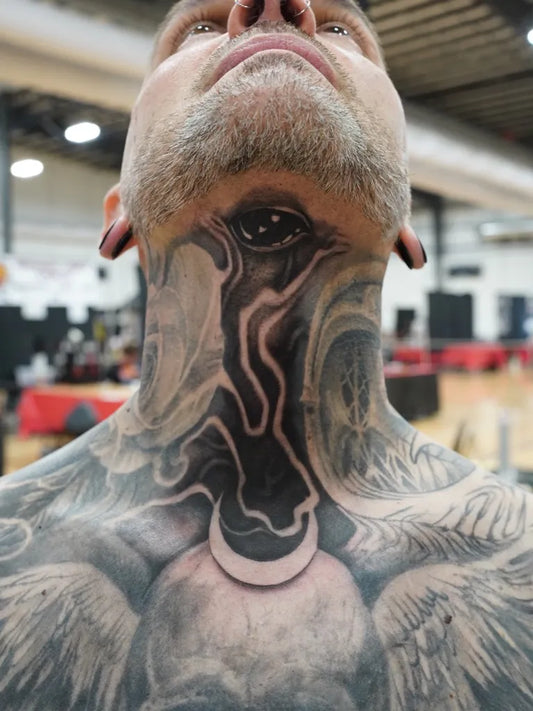 Big Black and Grey Eye and Moon Tattoo on Men Throat by @tattoosbyjaiden