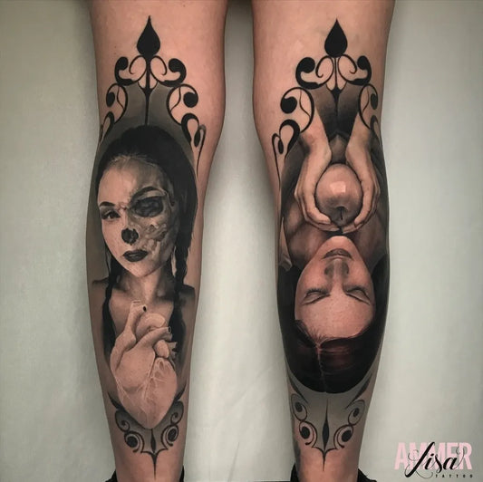 Big Black and Grey Face and Breast Tattoo on Women Calf by @lisaammertattoo