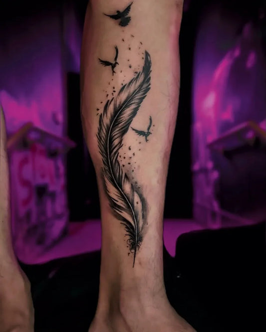 Big Black and Grey Feather and Birds Tattoo on Men Leg by @ches_tattoo