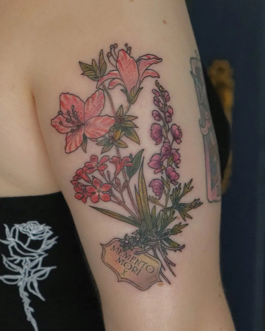 Big Black and Grey Flowers Memento Mori on Women Arm Tattoo by @mellow_fluffs