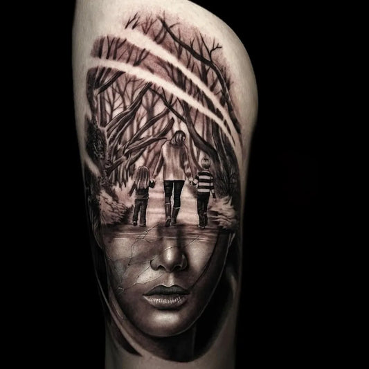 Big Black and Grey Forest Family Silhouette Tattoo on Women Arm by @salvationtattoostudio