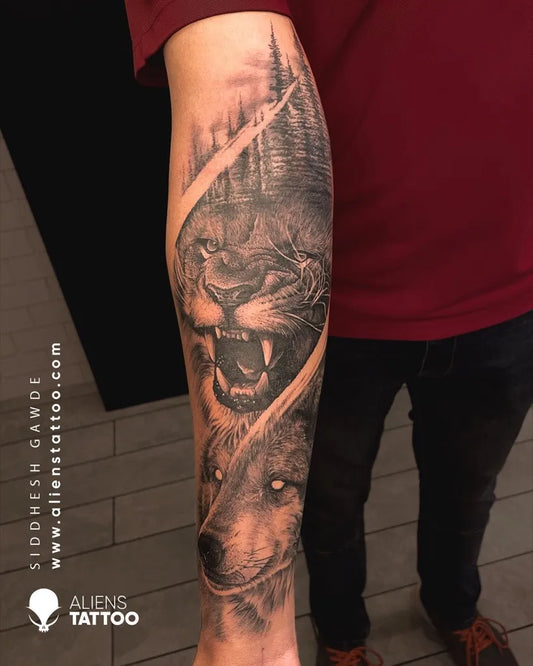 Big Black and Grey Forest Lion Wolf Tattoo on Men Arm by @_siddheshh_g