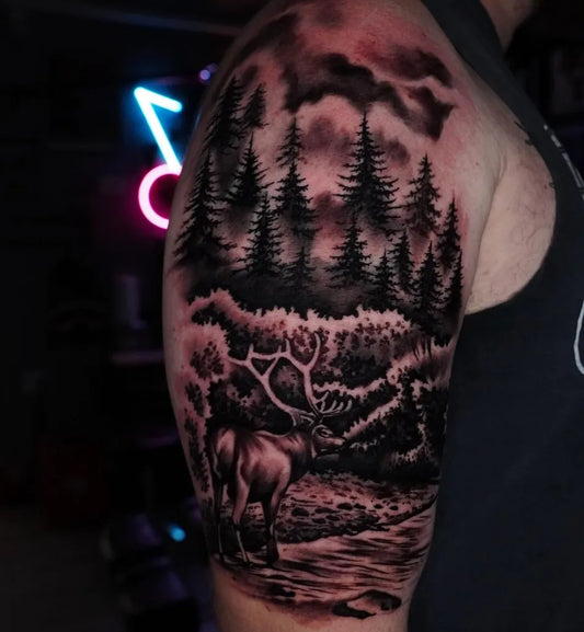 Big Black and Grey Forest and Deer Men Shoulder Tattoo on by @joncamposart