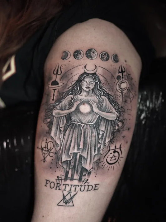 Big Black and Grey Fortitude Woman Tattoo on Arm by @bogdanvodatattoo