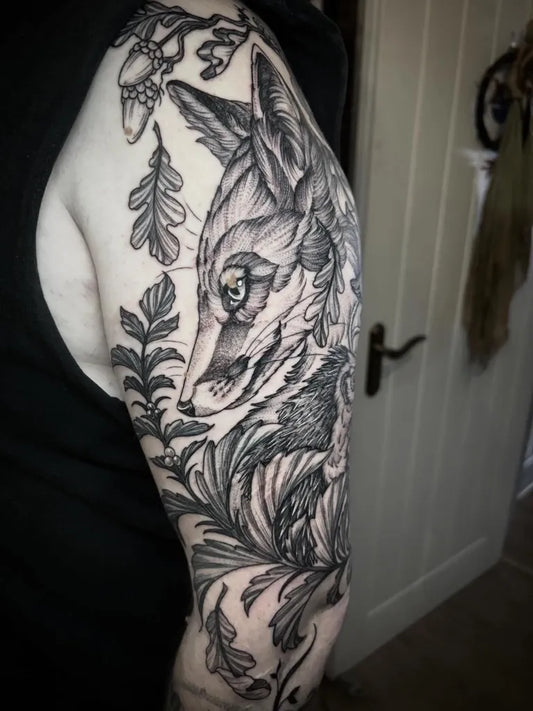 Big Black and Grey Fox and Acorns Tattoo on Men Arm by @bexpriesttattoos