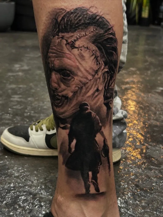 Big Black and Grey Frankenstein's Monster and Shadowy Figure Horror Tattoo on Men Leg by @cginks