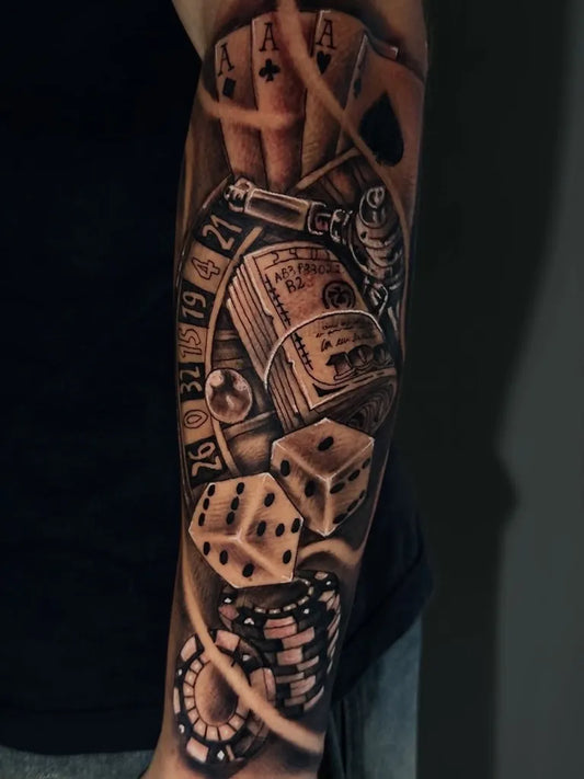 Big Black and Grey Gambling Elements Dice and Cards Tattoo on Men Arm by @thothomorellato