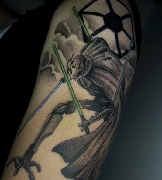 Big Black and Grey General Grievous Star Wars Tattoo on Men Arm by @nowss.ttt