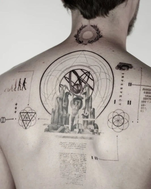 Big Black and Grey Geometric Mandala Spiritual Tattoo on Men Back by @tedflintstxne