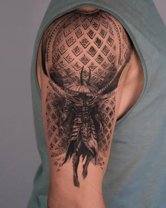 Big Black and Grey Geometric Mandala with Demonic Figure Tattoo on Men Shoulder by @osmanbalcitattoo