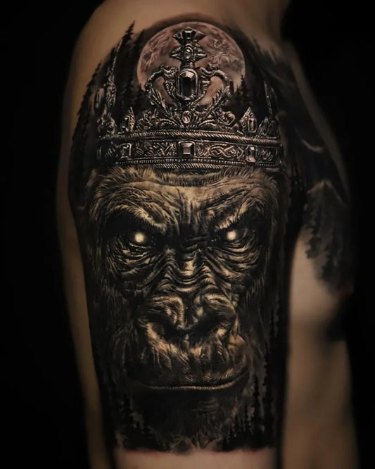 Big Black and Grey Gorilla Crown Forest Tattoo on Men Shoulder by @inkflow_ykh
