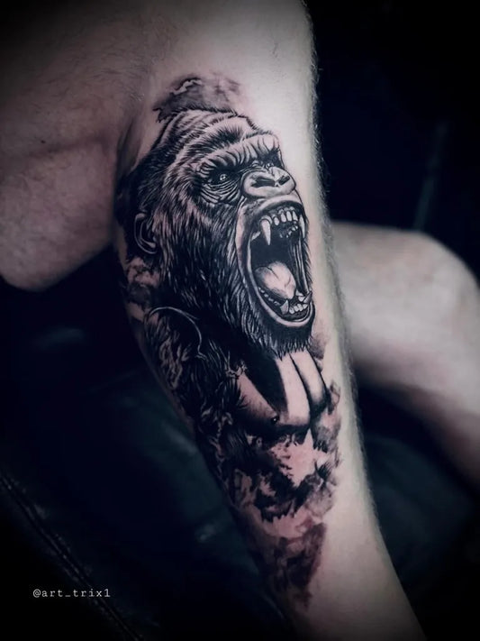 Big Black and Grey Gorilla Tattoo on Men Arm by @art_trix1