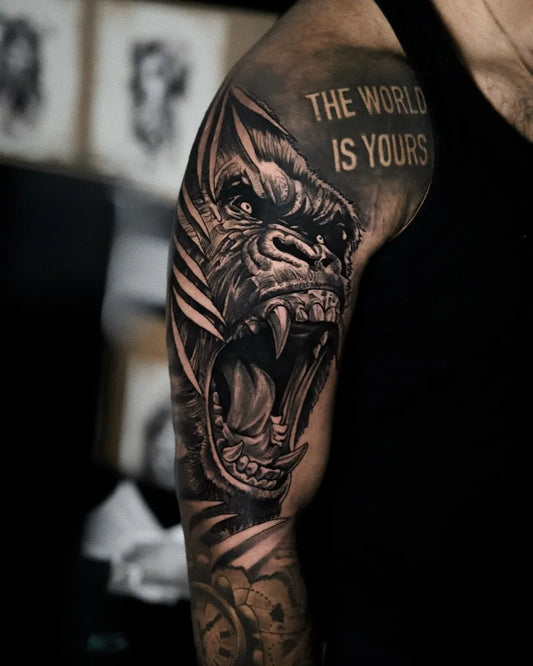 Big Black and Grey Gorilla Tattoo on Men Arm by @blackcloud.tattoo